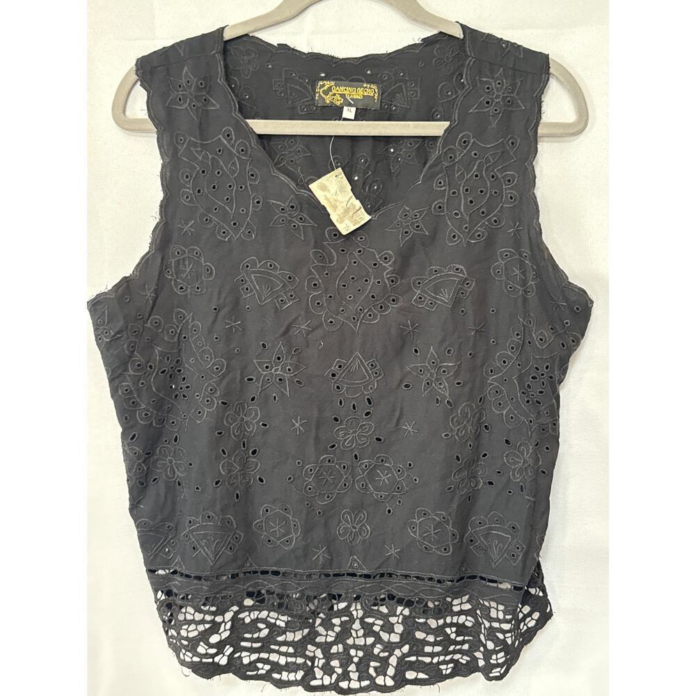 Women’s Dancing Gecko Black Embroidered Tank Top Sz XL